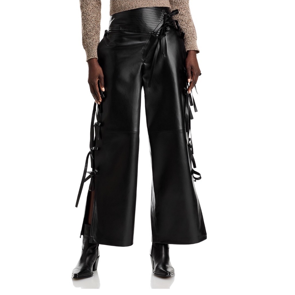Awake Mode Black Faux Leather Wide Leg Pants Side Ties Bows Aw24.P04.Ct06 42/8